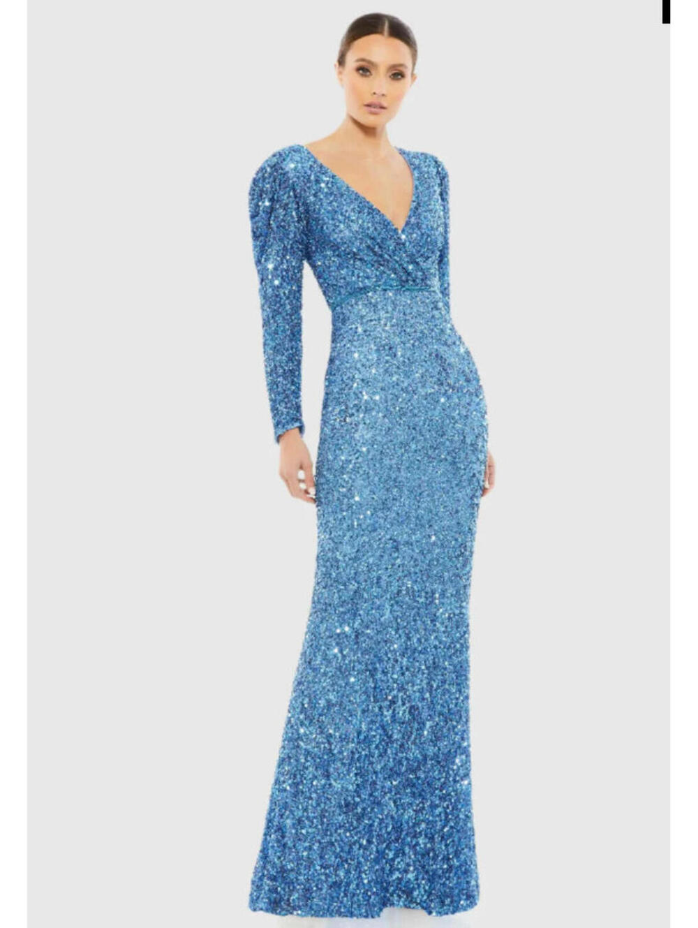 NWT Mac Duggal  5510 French Blue Puff Shoulder Sequined Surplice Gown Size 10